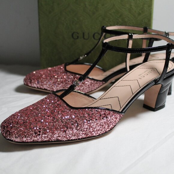 NWB Gucci Vernice Kitten Heel Ankle T-Strap GG Pumps Glitter Pink 39 753526 - Picture 1 of 7